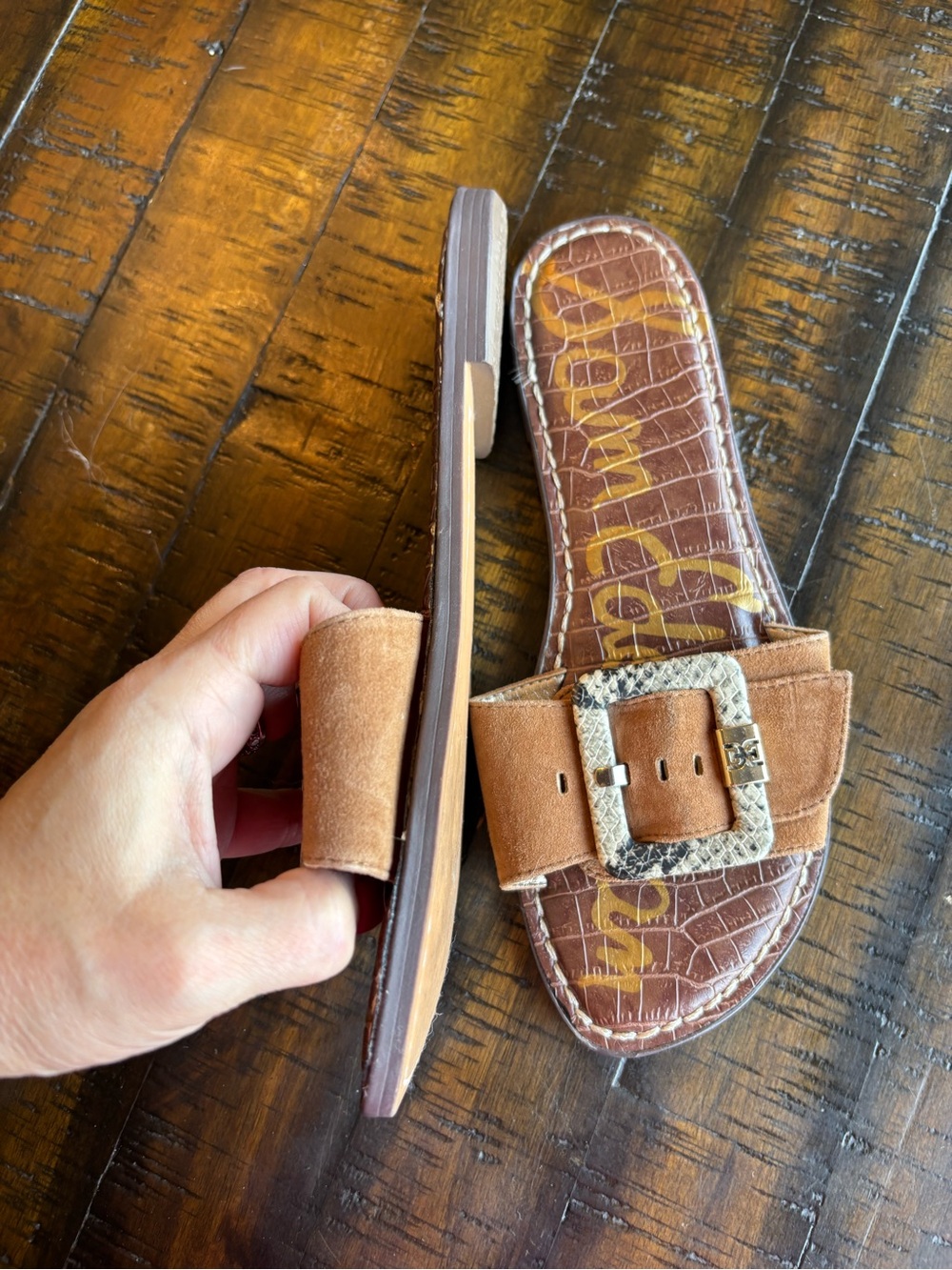 Sam Edelman Tan Suede Slide Sandals with Snakeskin Buckles - Picture 2 of 5